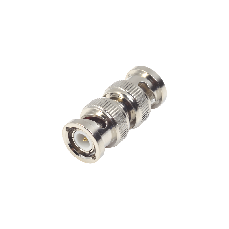 Adaptador Coaxial / BNC Macho a BNC Macho / 75 Ohm / Montaje en Línea / Cuerpo Niquelado / Contacto Oro / Aislante Teflón