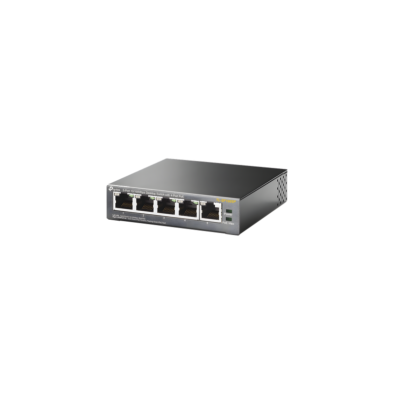 Switch PoE no administrable / 5 puertos Fast Ethernet / 4 puertos PoE 802.3af/at / Presupuesto 67 W / Alcance 250 m (820 pies) / Prioridad de video