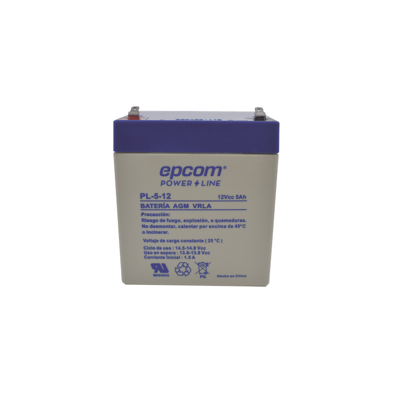 Batería 12 Vcc / 5 Ah / UL / Tecnología AGM-VRLA / Para uso en equipo electrónico Alarmas de intrusión / Incendio/ Control de acceso / Video Vigilancia / Terminales F1 / Cargador recomendado CHR-80.