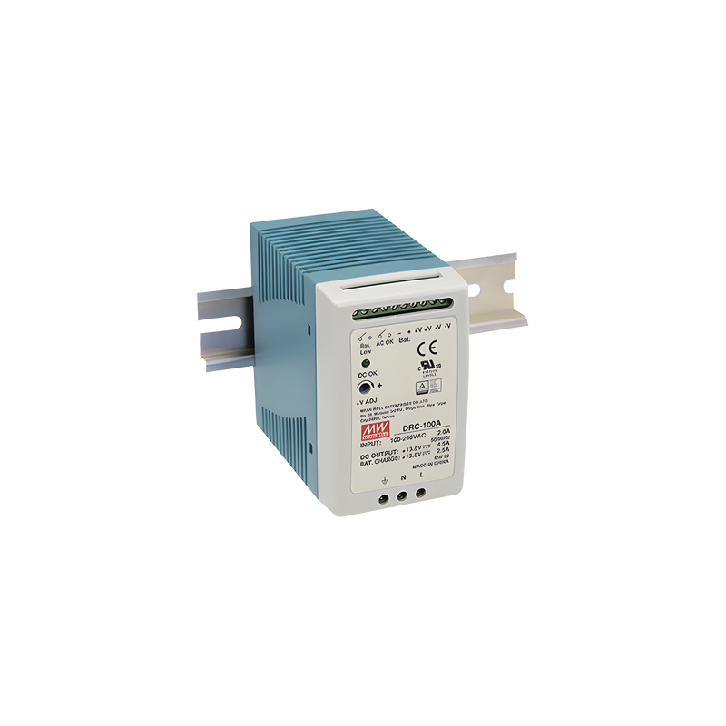 Fuente de Poder Riel DIN / 100W / Salida Dual 13.8V CC / Cargador de Batería Integrado / 87% Eficiencia / Convección Natural