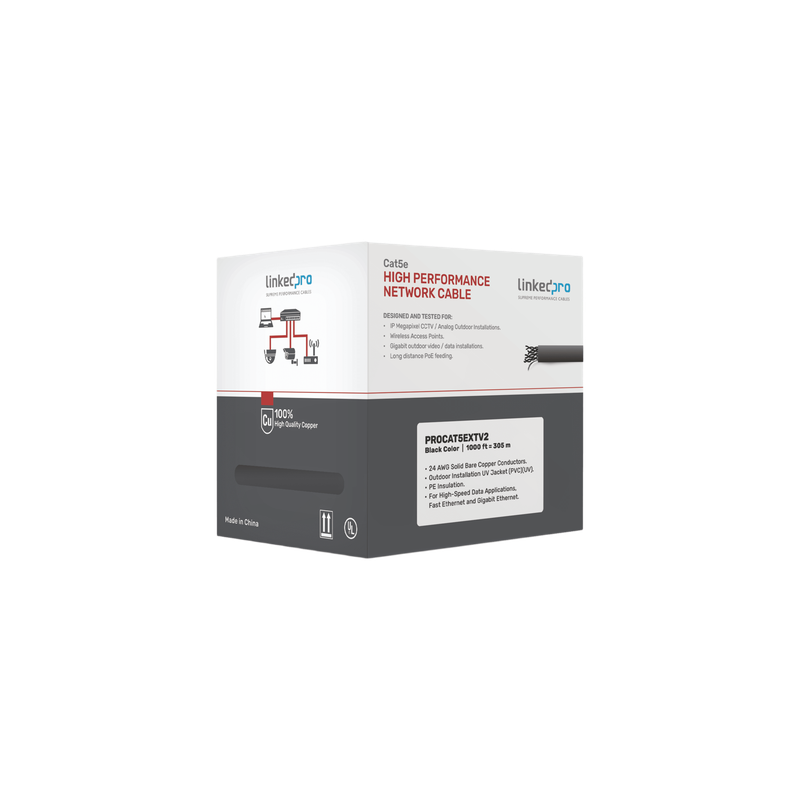 Bobina de cable / Cat5e / FTP blindado / 305 m (1000 ft) / Exterior UV / PoE larga distancia / UL CMX