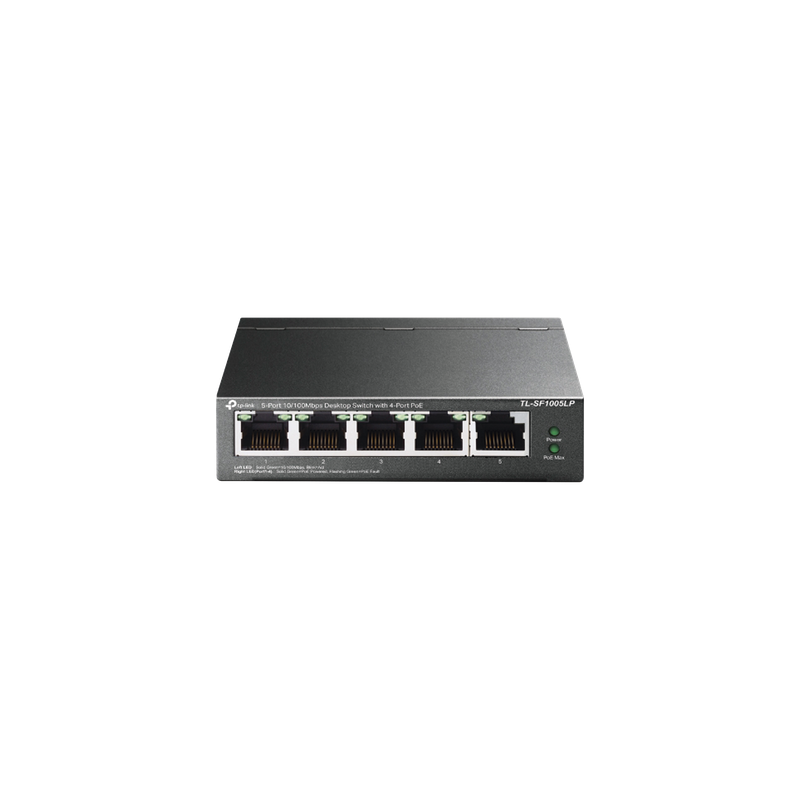 Switch PoE No Administrable / 5 Puertos 10/100 Mbps / 4 Puertos PoE 802.3af / Presupuesto 41 W / Extensión PoE 250 m (820 ft) / Sin Ventilador