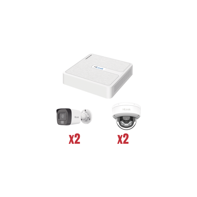 Kit de Videovigilancia IP / NVR 4 Canales PoE / 2 Cámaras Bala + 2 Cámaras Domo / 2 Megapixel / IR 30 m (98.4 ft) / Dual Light / 101° Ángulo de Visión