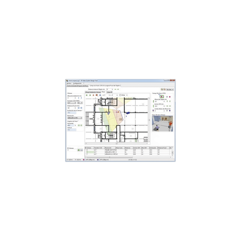 Software de Diseño para Sistema de Video IP / Hasta 256 Cámaras por Proyecto / Simulación 3D Fisheye / Importación CAD y Modelos 3D / Cálculo de Ancho de Banda y Almacenamiento