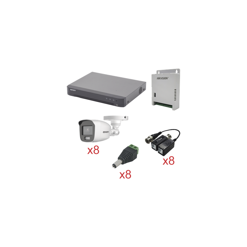Kit TurboHD con Audio / DVR 8 Canales / 8 Cámaras Bala Exterior / 1080p / Luz Blanca 20 m (65.6 ft) / Audio Coaxitron / Fuente Seleccionable