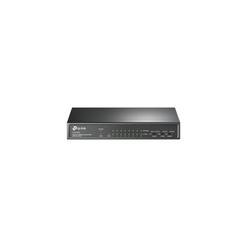 Switch PoE+ No Administrable / 9 Puertos 10/100 Mbps / 8 Puertos PoE 802.3af/at / 65W / Alcance 250 m (820 ft) / Sin Ventilador