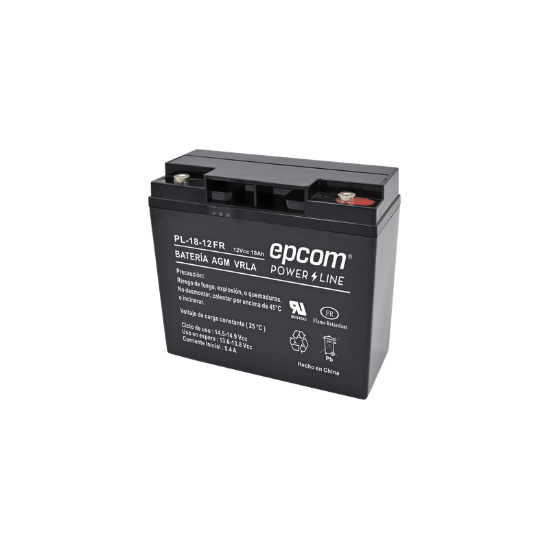 Batería 12 Vcc / 18 Ah / UL / AGM-VRLA / Retardante a la flama / Para uso en equipo electrónico,Alarmas de intrusión / Incendio/ Control de acceso / Video Vigilancia / Terminales tipo M5 ( HEX ) / Cargador recomendado CHR-80.