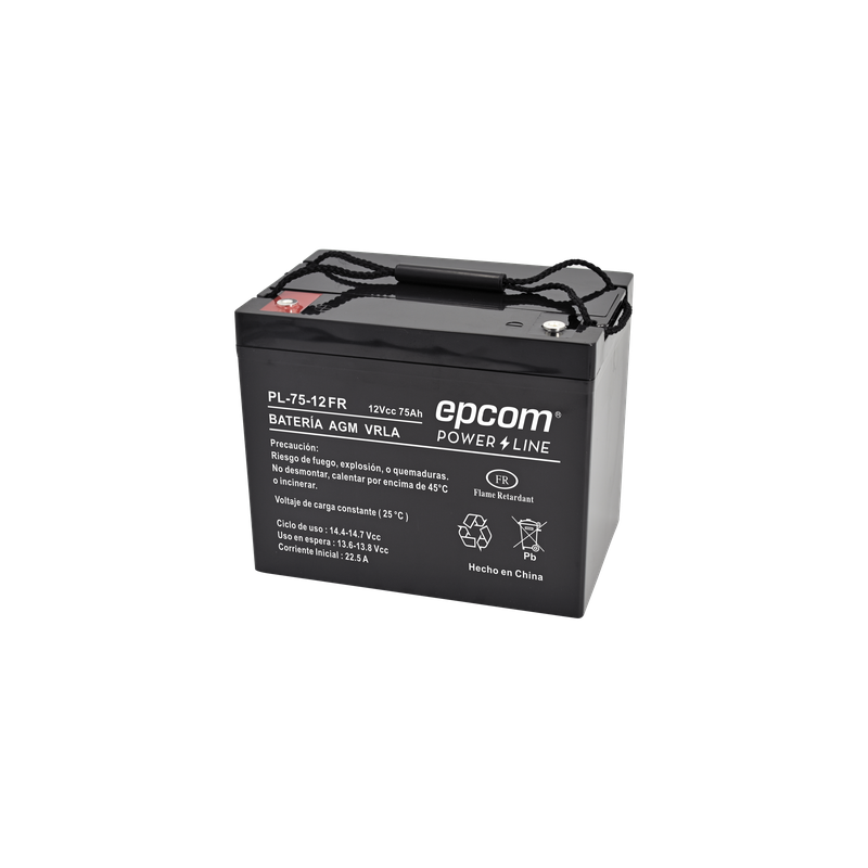 Batería 12 Vcc / 75 Ah /  UL / Tecnología AGM-VRLA / Retardante a la flama/ Uso en: Aplicaciones fotovoltaicas / Terminales tipo M6  / Cargador recomendado CHR-250. 