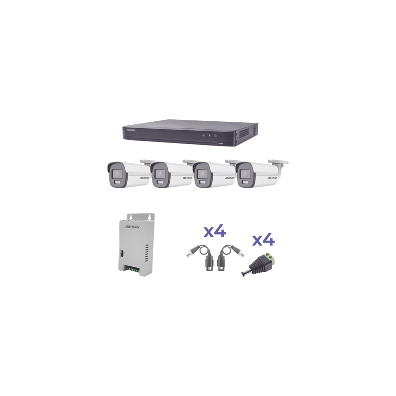 Kit de Videovigilancia TurboHD / 4 Canales / 4 Cámaras Bala 1080p / ColorVu 24/7 / Lente 2.8mm / 98° / Fuente Regulada / Transceptores UTP