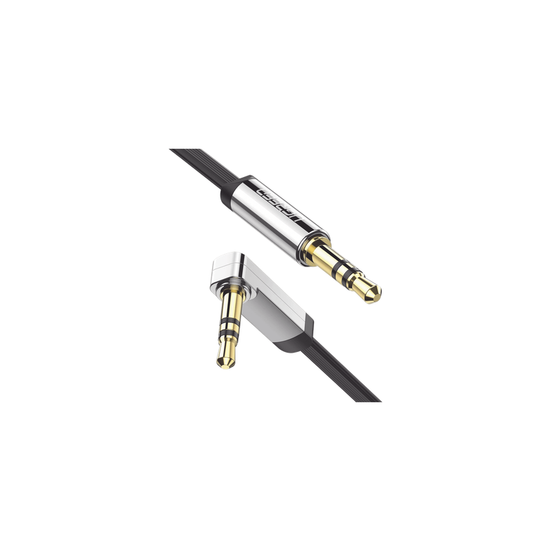 Cable Auxiliar Plano / 2 m (6.6 ft) / Conector 3.5 mm Macho-Macho / Ángulo 90° a Recto / Audio Estéreo Hi-Fi