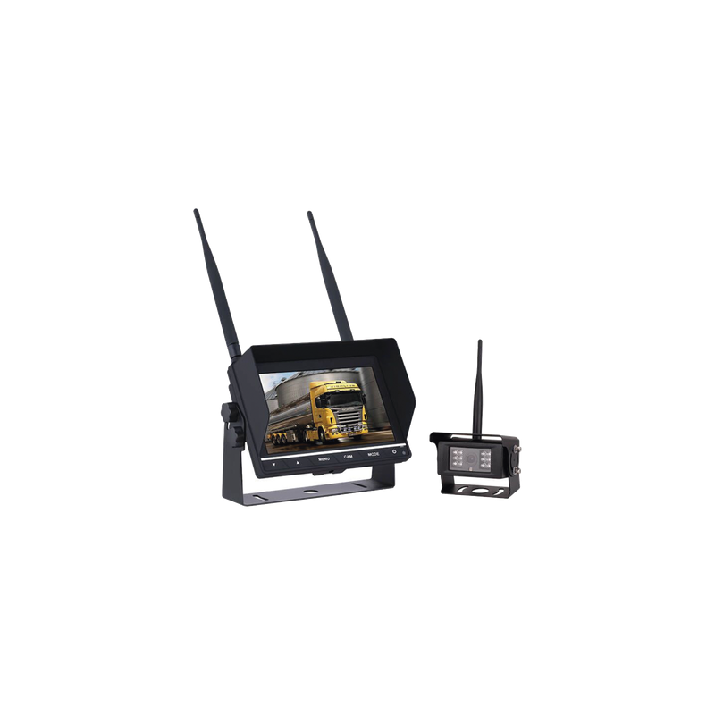 Sistema de Cámara de Reversa Inalámbrico / Monitor Táctil 7" / Resolución 800x480 / Visión Nocturna 20 m (65.6 ft) / Alcance 200 m (656 ft) / IP67
