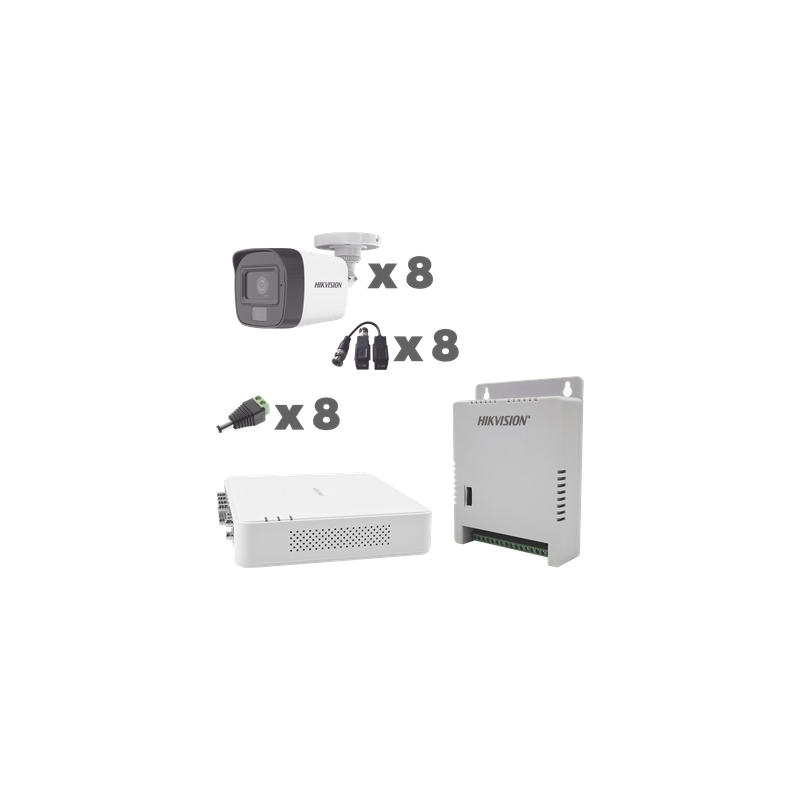 Kit TurboHD / DVR 8 Canales / Audio por Coaxitron / 8 Cámaras 1080p / Micrófono Integrado / Luz Blanca + IR / Fuente Ajustable 12-15 V
