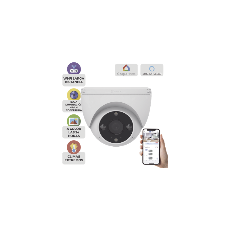 Cámara Domo IP / 3 Megapixel (2K) / Wi-Fi / Visión Nocturna Color 30 m (98.4 ft) / Detección Humana y Vehículo / IP67 / Audio Bidireccional / Ranura Micro SD 512 GB