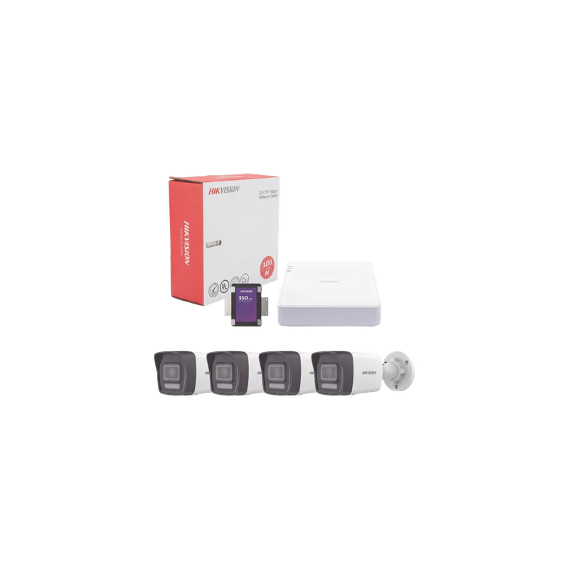 Kit de Videovigilancia IP / 4 Megapixel / NVR 4 Canales PoE+ / 4 Cámaras Bala Dual Light / IR 30 m (98.4 ft) / Luz Blanca 30 m (98.4 ft) / Audio Integrado / SSD 1 TB / Cable 100 m (328.1 ft)