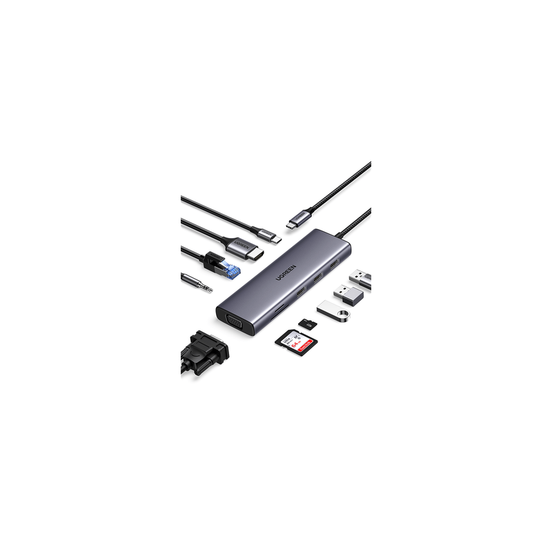 Hub USB-C / 10 en 1 / HDMI 4K@30Hz / VGA 1920x1200 / 3x USB 3.0 5Gbps / Ethernet Gigabit / SD/TF / PD 100W / Audio 3.5mm / Aluminio