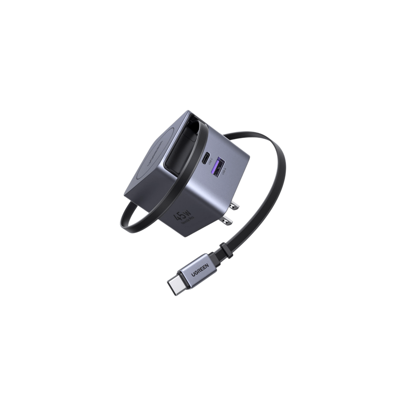 Cargador Rápido / 45W GaN / Cable Retráctil 0.7 m (2.3 ft) / 3 Puertos / Eficiencia 95% / Protección 8 Capas / 100-240V AC