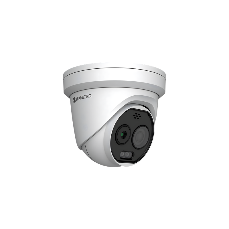 Cámara Turret IP Bi-espectral / Térmica 256×192 / Óptica 5 Megapixel / Detección de Temperatura -20°C a 650°C / Dual Light 30 m (98.4 ft) / IA Avanzada