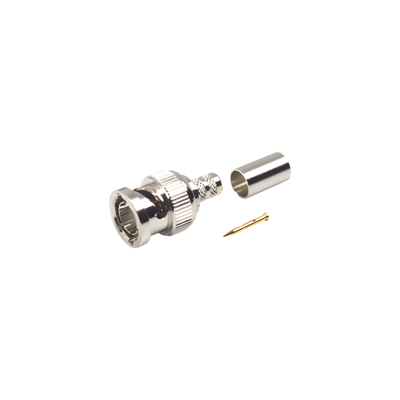 Conector BNC Macho / 75 Ohm / Anillo Plegable / Engarzado / Níquel-Oro-Delrin / RG-59/U