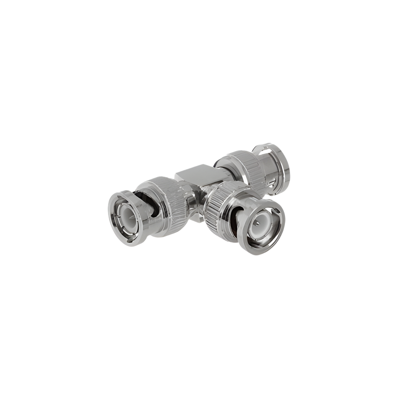 Adaptador Coaxial Tipo T / Triple BNC Macho / 75 Ohm / RG-59 y RG-6 / Níquel y Oro / 39.9 mm de Longitud