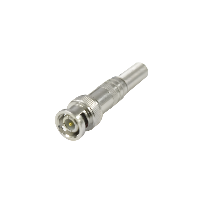 Conector BNC Macho / 75 Ohm / Resorte de Presión / RG-59/RG-6 / Níquel-Oro-PTFE / 41.7 mm (0.14 ft) Largo