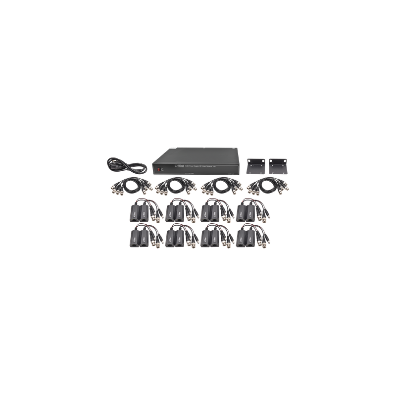 Kit de 16 canales para transmisión de ALIMENTACION (NO SOPORTA COAXITRON)( de 36 Vcc a 12 Vcc) y video (HD-TVI) a distancias de hasta 250 m.