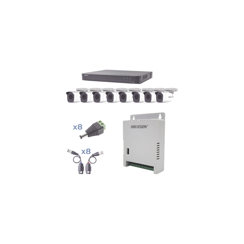 Kit TurboHD / DVR 8 Canales / 8 Cámaras Bala 1080p / Lente 2.8 mm / IR 20 m (65.6 ft) / Fuente Regulada hasta 15 Vcc / Transceptores UTP