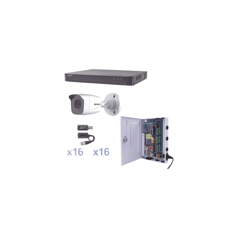 Kit TurboHD / DVR 16 Canales Pentahíbrido / 16 Cámaras Bala 1080p / IR 20 m (65.6 ft) / Fuente de Poder Profesional / Transceptores UTP