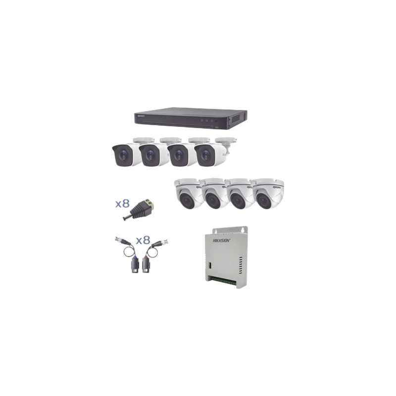 Kit TurboHD / DVR 8 Canales / 8 Cámaras 1080p / Bala y Eyeball / IR 20 m (65.6 ft) / Fuente Regulada 12V-15V / Transceptores UTP