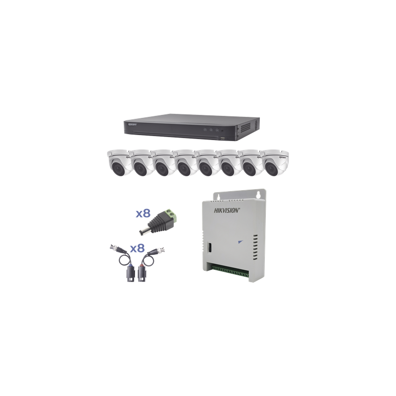 Cámara Turret / 2 MP 1080p / IR 20 m (65.6 ft) / Lente 2.8 mm / 103° / Exterior IP66 / Starlight / Audio por Coaxitron / Up the Coax / Compatibilidad 5 Tecnologías / Carcasa Metálica / Fuente Multitensión 12-15 Vcc / Transceptores UTP Pasivos / Kit Completo 8 Canales