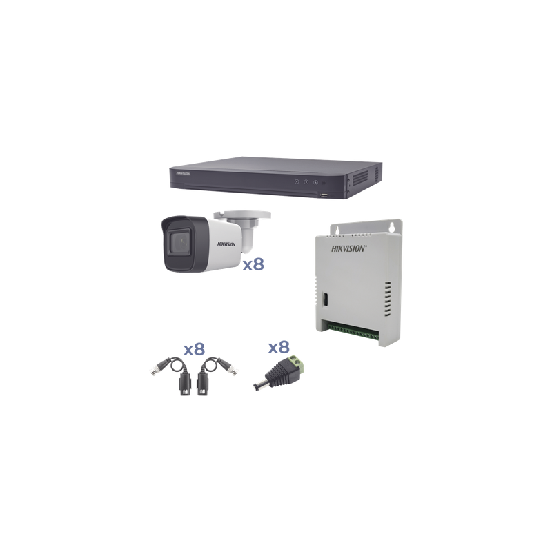 Kit TurboHD / DVR 8 Canales / 8 Cámaras Bala 2.8 mm / IR 30 m (98.4 ft) / Audio Bidireccional / Fuente 15 Vcc