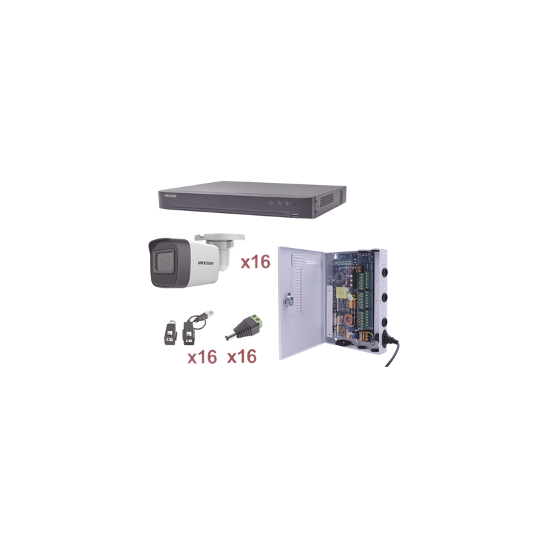 Kit TurboHD / 16 Canales / 1080p / 16 Cámaras Bala / IR 30 m (98.4 ft) / Transceptores UTP / Fuente Profesional