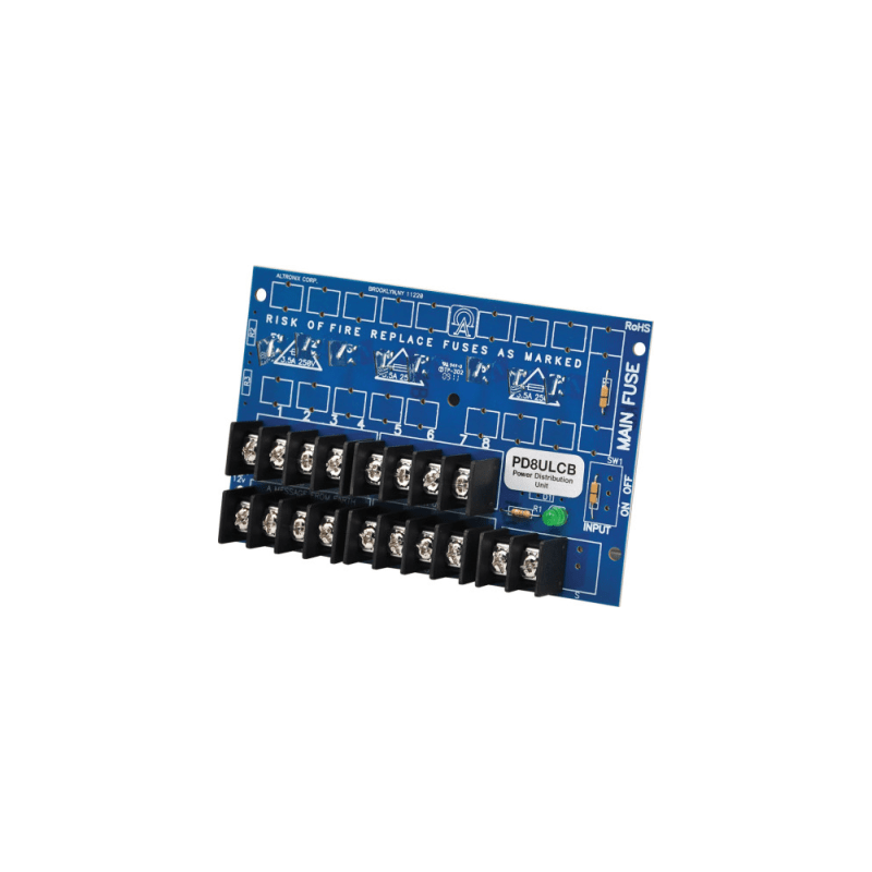 Distribuidor de Energía / 8 Salidas Clase 2 / PTC 2A Auto-Rearmable / Entrada Dual 12-24VDC o 24-28VAC / Certificaciones UL294 UL603 UL1481