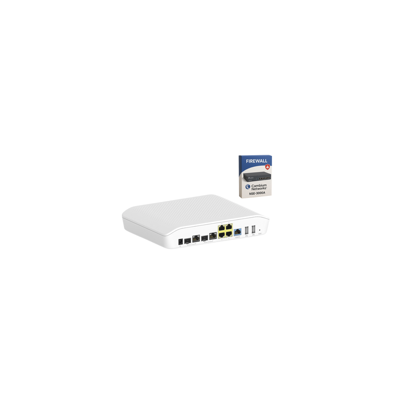 Kit Router/Firewall con licencia incluida NSE-SUB-3000-1 / función SD-WAN NSE3000 / 2 puertos WAN Gigabit + 2 SFP combo / 4 puertos LAN Gigabit / Gestión Unificada de Amenazadas / Administración desde la Nube / Hasta 1,000 dispositivo