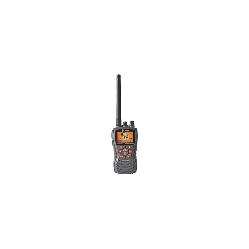 Radio portátil marino flotante y sumergible con función de eliminación de agua de la bocina mediante vibración,  potencia de RF de 6 Watts.