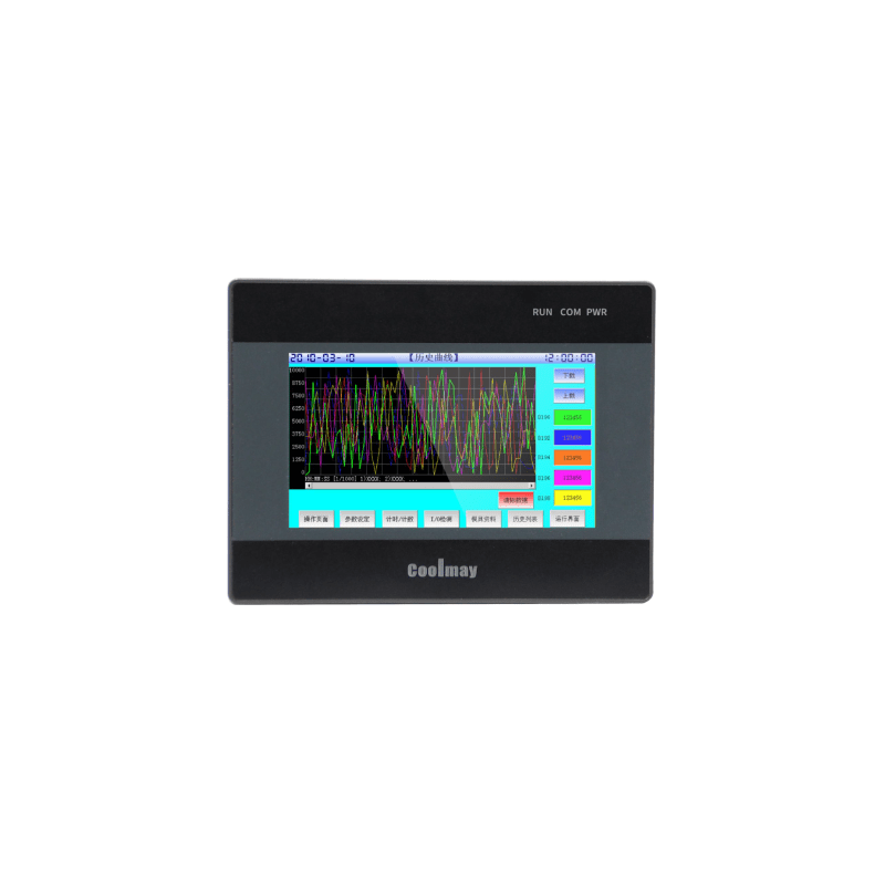 HMI Industrial 4.3 Pulgadas / Pantalla 480x272 píxeles / 12 Entradas Digitales / 10 Salidas Digitales / 5 Entradas Analógicas (2x0-10V + 2x0-20mA + 1xNTC10K) / 2 Salidas Analógicas (1x0-10V + 1x0-20mA) / Comunicación RS232 y RS