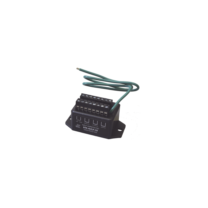Protector para lazo de 4 pares, para aplicaciones de lectores con formato wiegand : 2 de alimentación de 12 / 24 Vcc, 1 de datos 5 Vcc, 1 señal de 1 Vcc. 