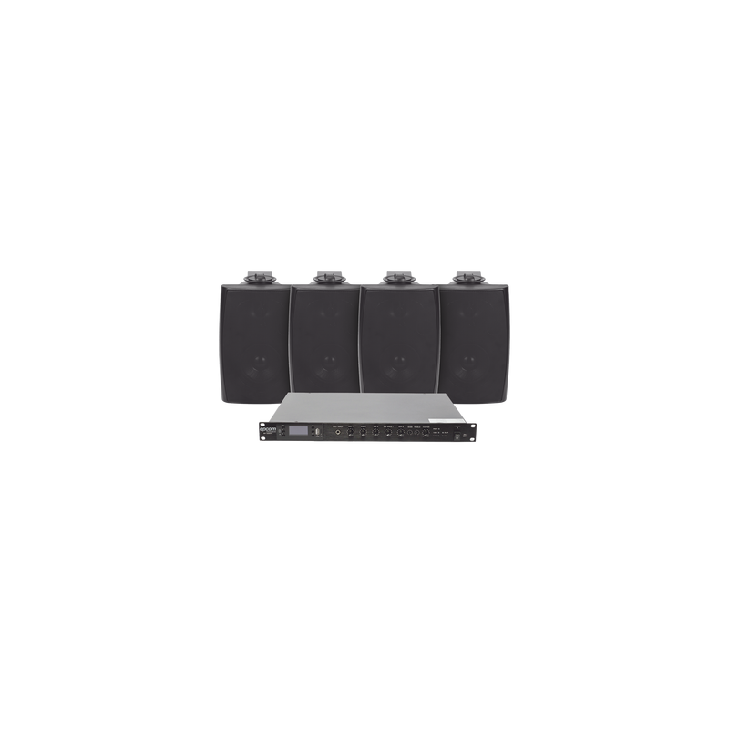 KIT de Amplificador de Audio 120W para Rack | 4 Altavoces de Pared color Negro 2.5W - 20W | Sistema 70/100V