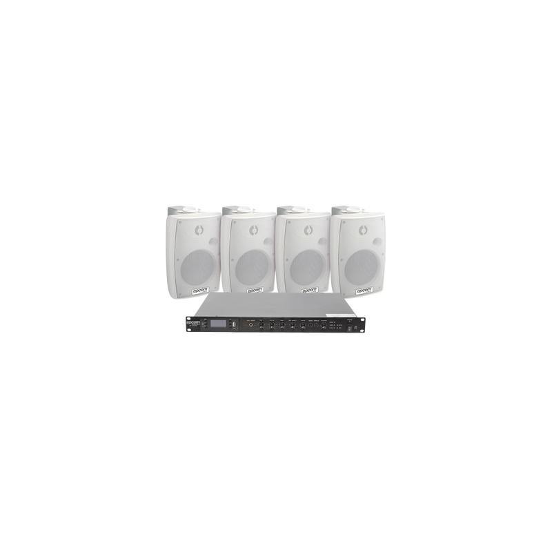 KIT de Amplificador de Audio 120W para Rack | 4 Altavoces de Pared color Blanco 2.5W - 20W | Sistema 70/100V