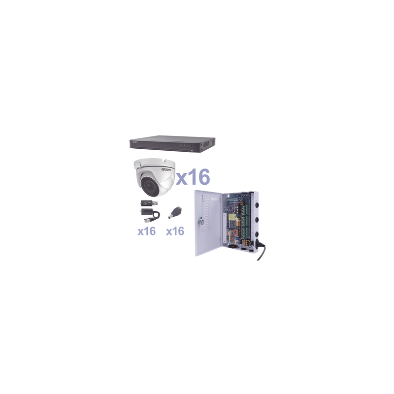 KIT TurboHD 1080p / DVR 16 Canales / 16 Cámaras Eyeball (exterior 2.8 mm) / Transceptores / Conectores / Fuente de Poder Profesional