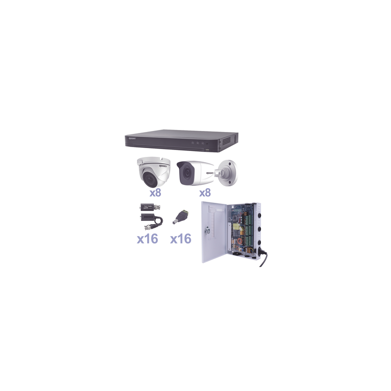 KIT TurboHD 1080p / DVR 16 Canales / 8 Cámaras Bala (exterior 2.8 mm) / 8 Cámaras Eyeball (exterior 2.8 mm) / Transceptores / Conectores / Fuente de Poder Profesional