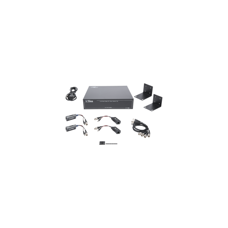 Kit de TRANSCEPTOR ACTIVO DE 4 CANALES / VIDEO+PODER en un solo Cable UTP / 150 metros en 4K, 200 metros en 5 MP/ Envía 36 Vcc y Recibe 12 Vcc / TODO INCLUIDO PARA RACK / Compatible con cámaras HD-TVI/CVI/AHD/CVBS / INSTALACIÓN LIMPIA