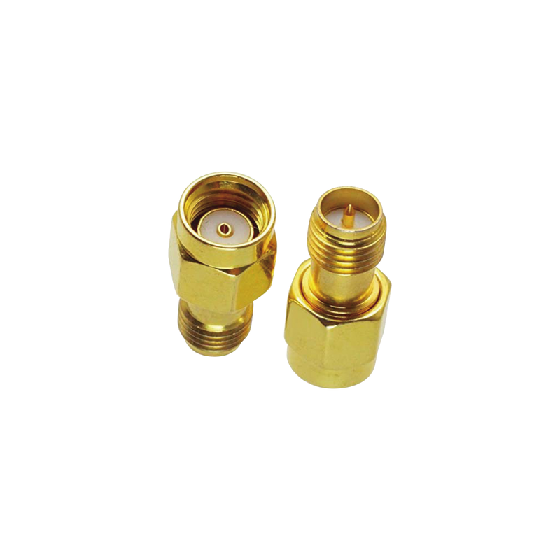 Adaptador-Extensión, de SMA Macho Inverso a SMA Hembra Inverso, Oro/ Oro/ Teflón,