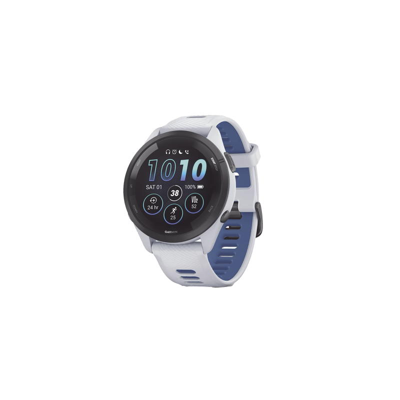 Forerunner® 265, Bisel negro con carcasa en blanco y correa de silicona en blanco/azul