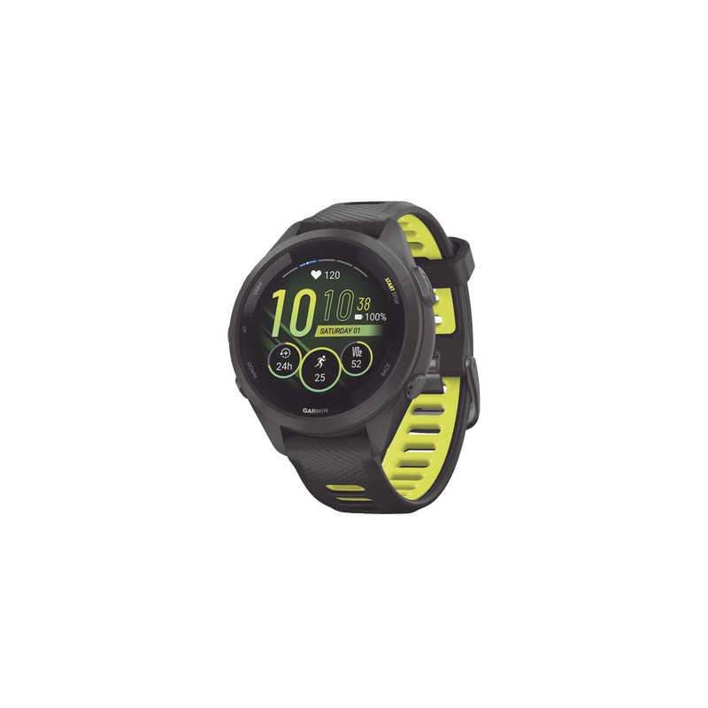 Forerunner® 265S, Bisel y carcasa en negro con correa de silicona en negro/amarillo