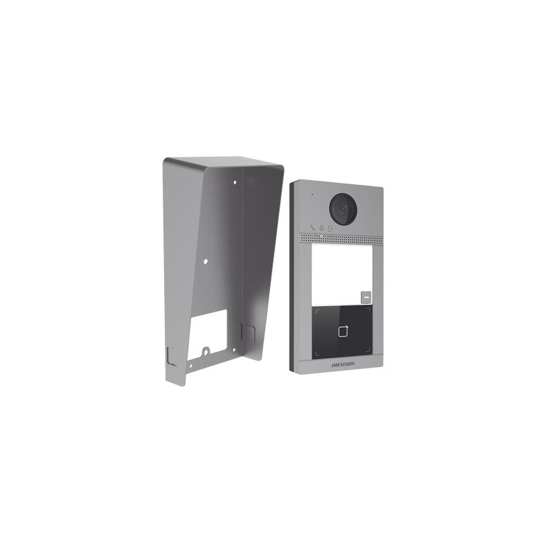 Kit Videoportero + Carcasa protectora IP 2 Megapixel / Llamada y Apertura Remota desde App Hik-Connect / PoE / Exterior IP65 + Antivandalico IK08 / 1 Departamento / Apertura con Tarjeta / Soporta 2 Puertas y hasta 6 Monitores
