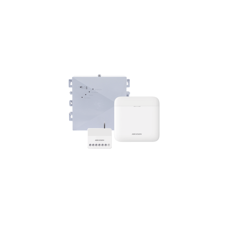 (AX PRO + YONUSA) KIT de Alarma AX PRO / Incluye: 1 Hub con bateria de respaldo / 1 Energizador 2500Mts Lineales / 1 Relevador  0 a 36 Vcc (Max. 5 A) con Entrada de Alarma 27/7