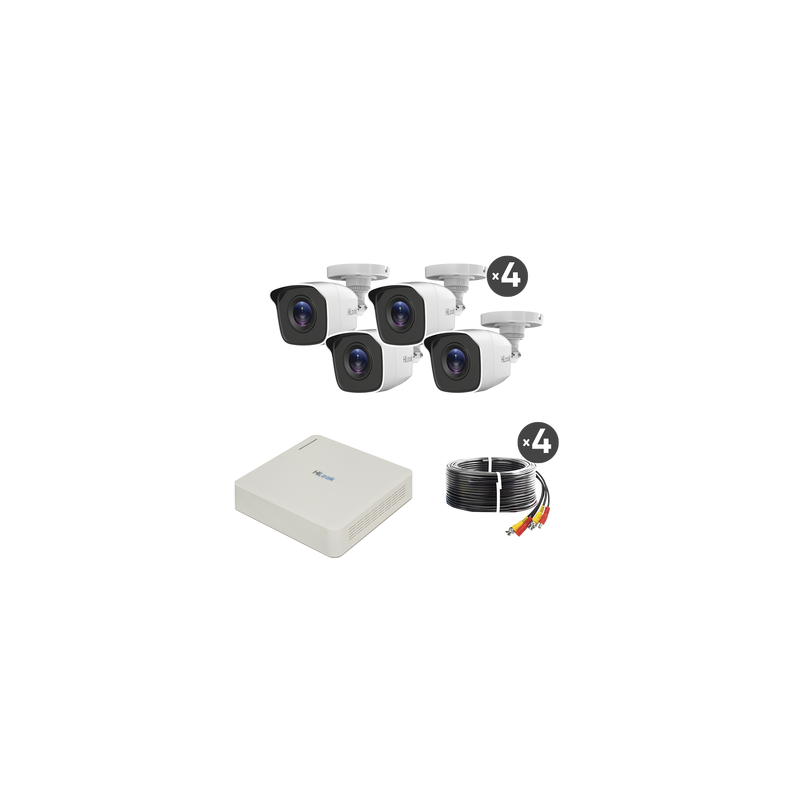 Kit TurboHD 720p / DVR 4 canales / 4 Cámaras Bala de Metal / 4 Cables 18 Mts / H.265+ / 1 Fuente de Poder Profesional / Accesorios de Instalación