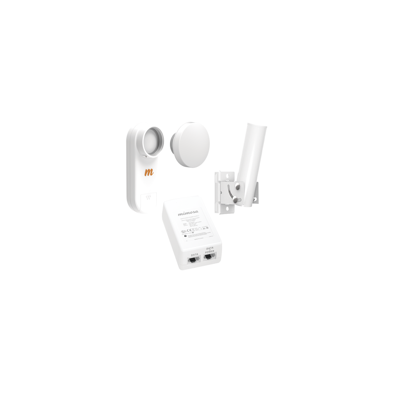 Kit de radio C5X, rango de frecuencia extendida (4.9 a 6.4 GHz),  incluye inyector POE, montaje universal para tubo o poste Y una antena de 12 dBi