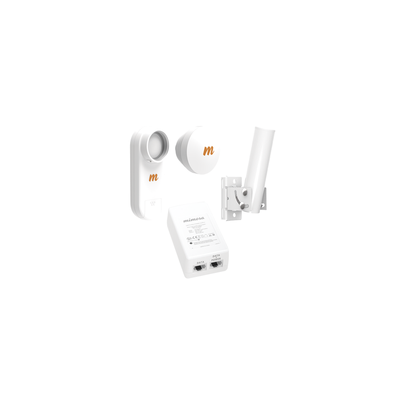 Kit de radios C5X, rango de frecuencia extendida (4.9 a 6.4 GHz),  incluye inyector POE, montaje universal para tubo o poste Y una antena de 16 dBi