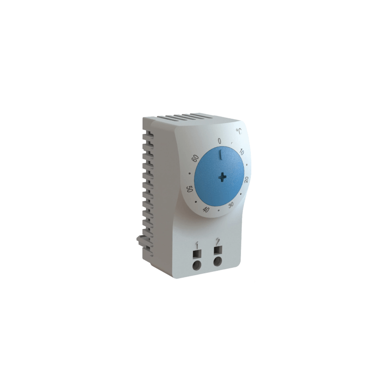 Termostato/Interruptor Para Control de Temperatura en Grados Celsius, Para Uso con Ventiladores, Con Terminales de Conexión, y Clip para Riel Din de 35 mm, Color Gris Claro